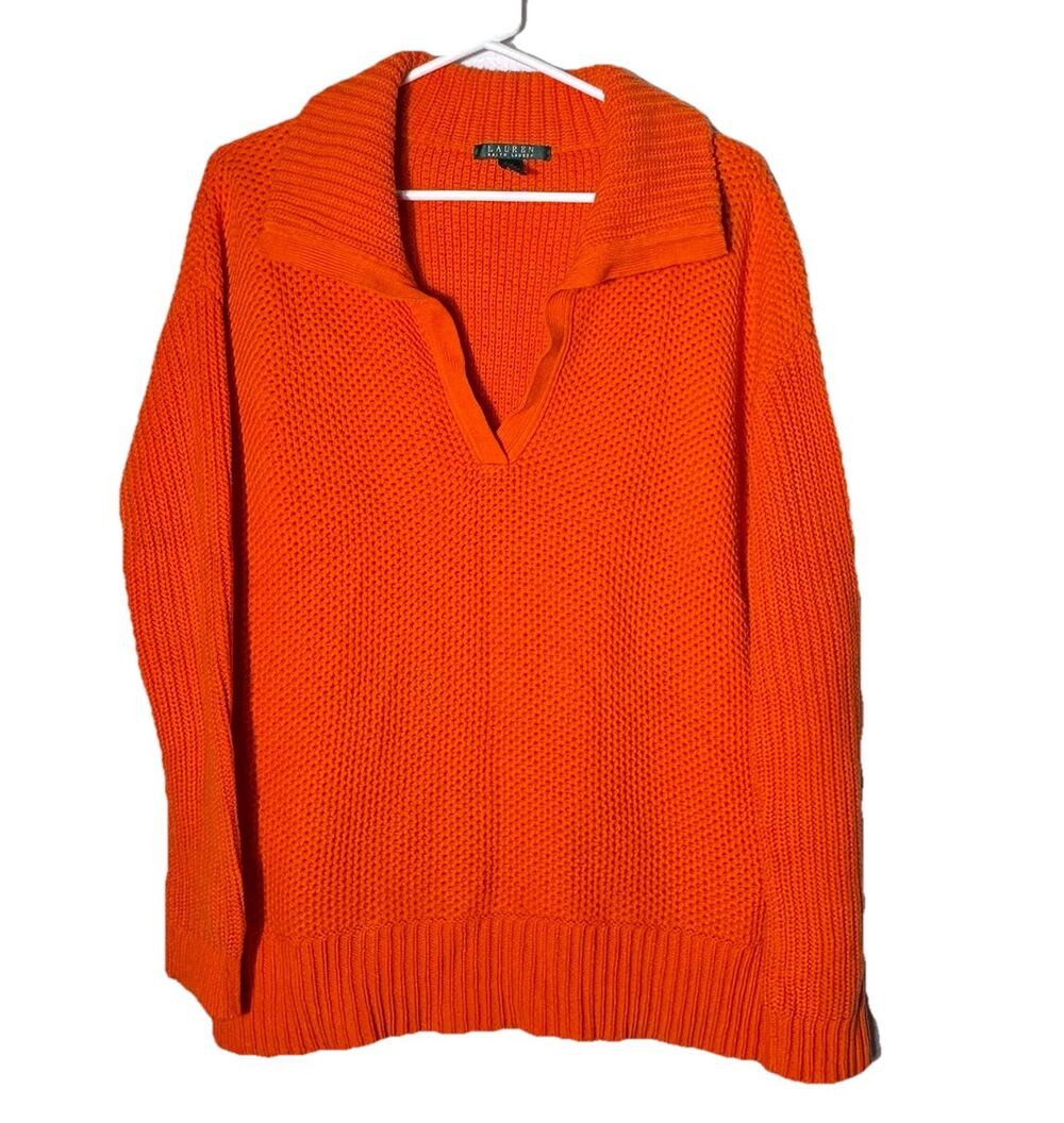 Ralph Lauren Polo Tangerine V-Neck Womens Chunky Knit Sweater M Preppy